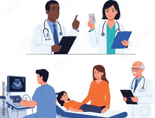 Medical Team and Patient Examination Illustration with Doctors Using Ultrasound, Prescription, and Consultation for Healthcare Services, Hospital Environment, and Clinical Practice Design