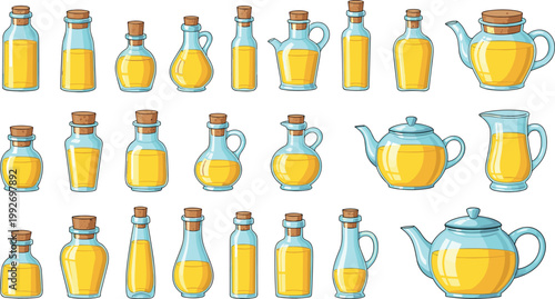 Glass bottles and teapots with oil or tea collection transparent containers set kitchen drinkware vector illustration isolated design