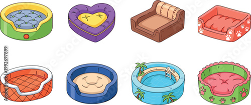 Pet beds and cushions collection soft sleeping mats for dogs and cats cozy animal furniture vector illustration set isolated