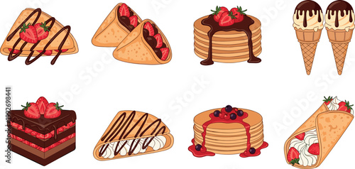 Delicious dessert collection crepes pancakes cake ice cream and waffles with berries sweet food vector illustration set isolated