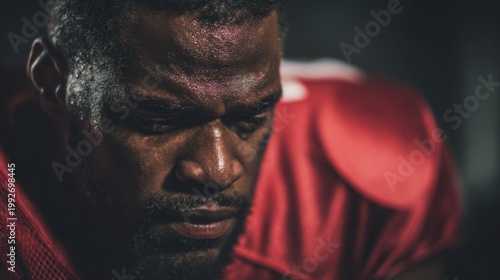 Determined Football Player Sweating with Intense Focus in Dark Locker Room.