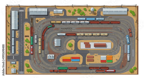 Model Train Layout with Freight Cars and Buildings.