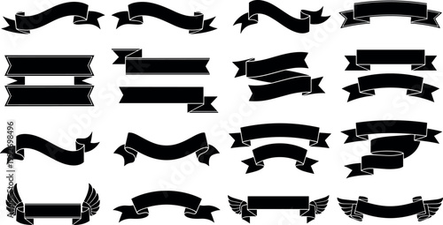 Black ribbon banners collection vintage curved scroll labels set decorative retro badge elements vector illustration isolated design