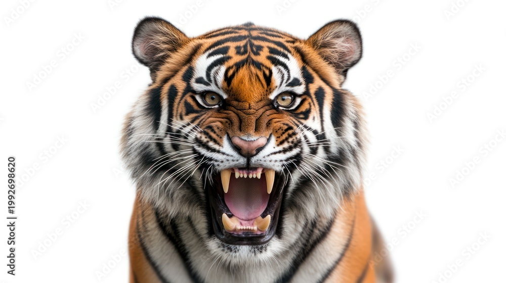 Fototapeta premium Tiger head, ferocious roar, studio shot, for animal print design
