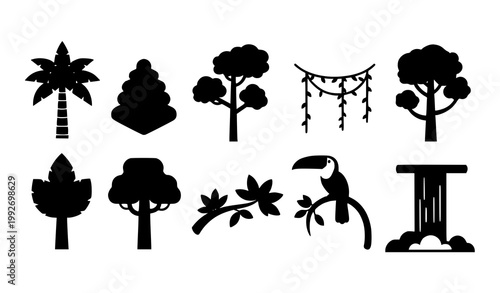 Minimal jungle silhouettes collection with tropical plants toucan and waterfall in flat vector style isolated on white