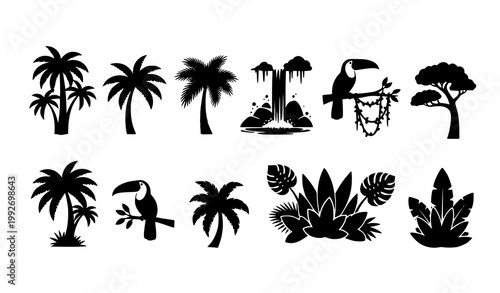 Jungle silhouette vector set with tropical trees toucan waterfall and vines isolated on white background