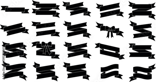 Black ribbon banner silhouettes collection vintage decorative scroll labels set elegant retro badges vector illustration isolated design elements