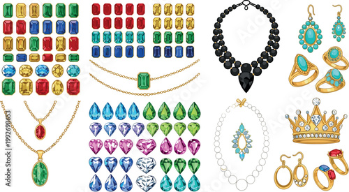 Colorful gemstones and jewelry collection luxury diamonds rings necklaces earrings crowns set sparkling vector illustration isolated design elements