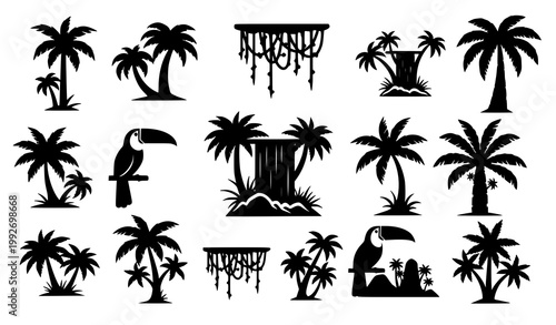Jungle icon silhouette set with tropical trees vines toucan bird and waterfall isolated on white background