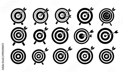 Archery target icon set with arrows hitting bullseye and goal achievement symbols isolated on white background