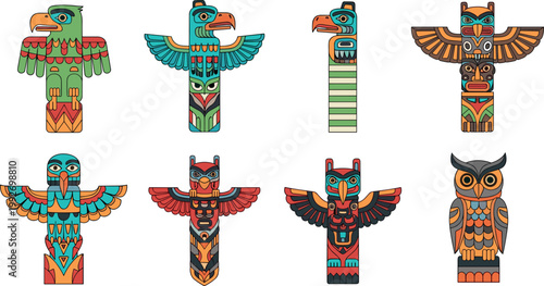 Colorful tribal totem poles with birds and owl characters collection ethnic native art symbols vector illustration set isolated