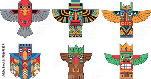 Colorful totem pole tribal masks and birds collection ethnic geometric native symbols vector illustration set isolated design elements