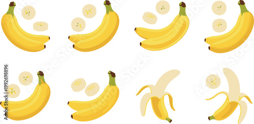 Banana fruit set with peeled whole and sliced pieces fresh yellow tropical food vector illustration collection isolated background