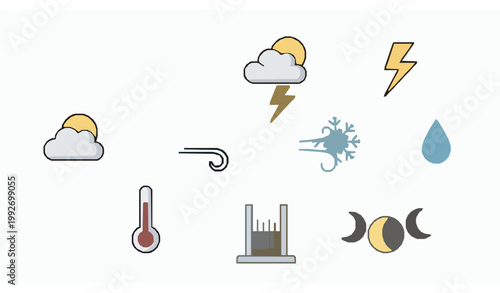 Modern thin line weather icons collection with scattered layout and soft color accents for infographic and UI design vector eps 10