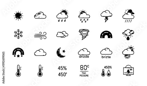 Minimal flat thin line weather icon set with forecast symbols grid for mobile app and web UI design vector eps 10