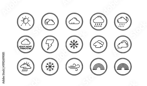 Thin line weather icon set in circular badge style with forecast symbols for dashboard and mobile app interface vector eps 10