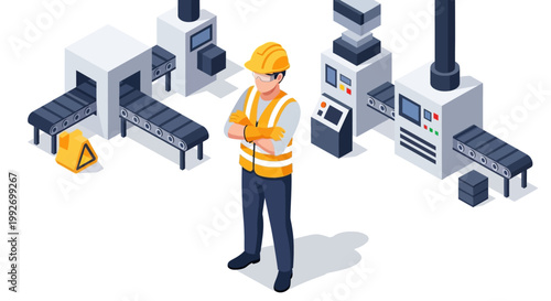 A factory worker in a hard hat stands with arms crossed near automated production lines in a brightly lit illustration with a clean white background, conveying a sense of industry