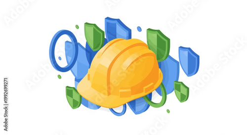 Isometric illustration of a yellow hardhat surrounded by green shields and blue rings against a white background, creating a concept for protection and security in a clean, modern design