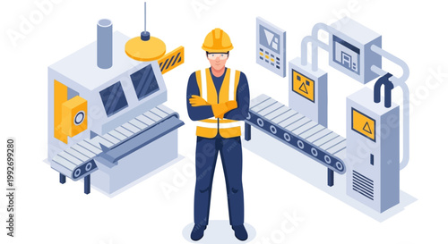 Isometric illustration of a factory worker in a hard hat and vest standing with arms crossed in front of automated machinery, with a clean, bright color palette and minimalist design