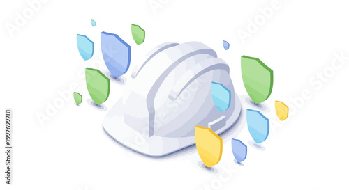 Isometric illustration of a white hard hat surrounded by colorful shield icons, set against a clean white background, rendered with a simple, clean visual style, creating a concept