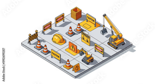 Isometric illustration showcasing a construction site setup with miniature crane, excavator, and safety cones arranged on a gray platform against a white background, rendered in a bright