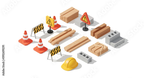 Isometric arrangement featuring a yellow hardhat, traffic cones, wooden planks, concrete blocks, and warning signs set against a clean white background, creating a vibrant and organized