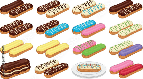 Colorful eclair pastry set with chocolate and cream toppings, sweet bakery dessert collection illustration isolated on white background