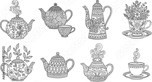 Ornamental teapot and teacup set with intricate patterns, hand drawn vintage tea illustration isolated on white background for coloring and design