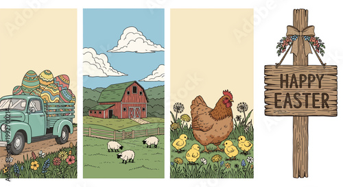 Festive easter greeting with vintage truck farm scene mother hen and chicks and wooden sign celebrating spring