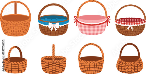 Wicker basket collection with fabric liners and handles, cute picnic and storage containers illustration isolated on white background