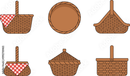 Wicker picnic basket set with different styles and shapes, hand drawn wooden basket illustration isolated on white background for outdoor and storage concept