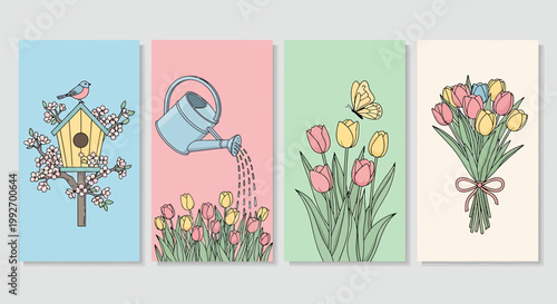 Charming springtime vector art collection featuring a birdhouse with a perched bird a watering can tending to tulips
