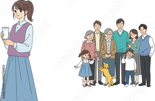 Family and young woman vector illustration with multi generation people and lifestyle character collection set