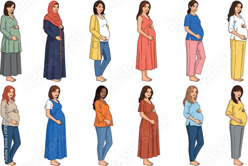 Diverse pregnant women vector set with maternity fashion different poses and inclusive motherhood illustration collection