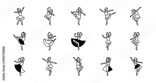 Ballet dancers silhouettes performing dance poses isolated on black background