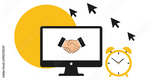 Computer screen displaying handshake agreement with cursors and alarm clock symbolizing online business deal