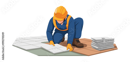 Construction worker installing floor tiles illustration