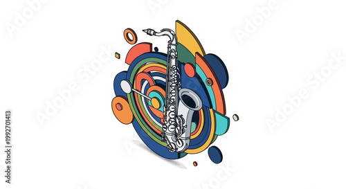 Vibrant illustration of a saxophone surrounded by colorful concentric circles and abstract shapes, set against a clean white backdrop with a playful and artistic modern style