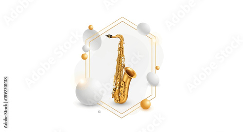 Elegant golden saxophone illustration centered within a geometric frame, surrounded by spherical ornaments and against a clean white backdrop, creating a sophisticated and festive visual