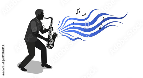 Silhouette illustration of a musician playing the saxophone, with blue sound waves and musical notes emanating from the instrument against a clean white background, conveying a vibrant