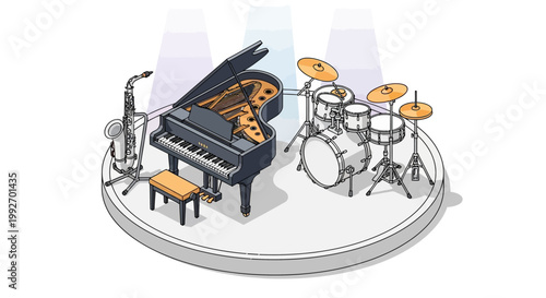Isometric vector illustration featuring a grand piano, drum set, and saxophone arranged on a circular stage under spotlights, rendered with bright, cheerful colors against a clean white
