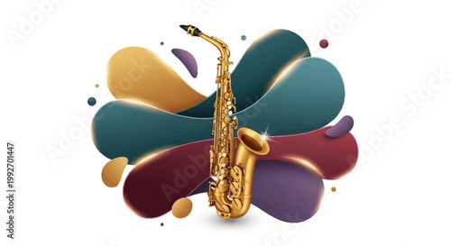 A golden saxophone stands out in a vibrant illustration with abstract shapes and dynamic lighting, creating a lively and eye-catching composition against a clean white background, radiating
