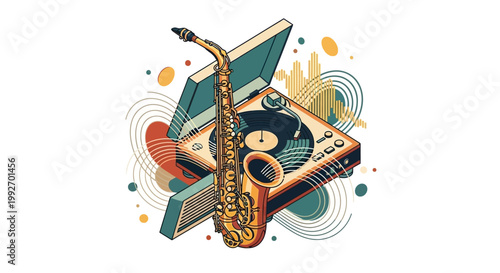 Isometric vector illustration featuring a golden saxophone resting on an open vintage record player, set against a clean white background with colorful abstract swirls and shapes