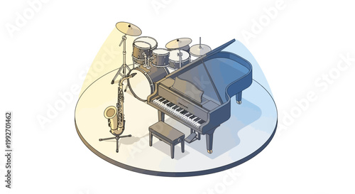 Isometric vector illustration of a grand piano and a drum kit on a small stage, illuminated with soft yellow and blue light, set against a clean white background, conveying a minimalist
