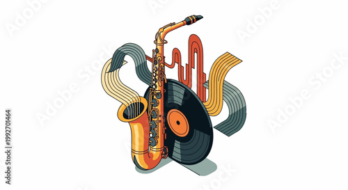A stylized vector illustration showcases a golden saxophone beside a black vinyl record, complemented by flowing musical notes in muted orange and gray tones against a clean white backdrop