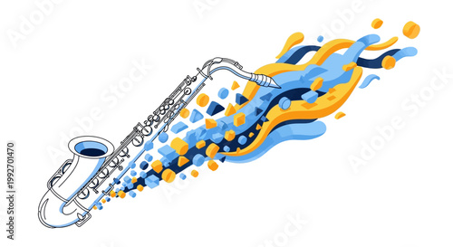 Stylized vector illustration of a saxophone with a flowing, colorful design emanating from it, rendered in a bright, modern style against a clean white background with smooth lines