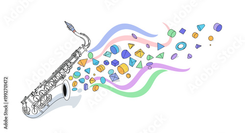 Vector illustration presents a saxophone emitting a stream of colorful geometric shapes against a clean white background, utilizing a linear drawing style to evoke a whimsical and creative
