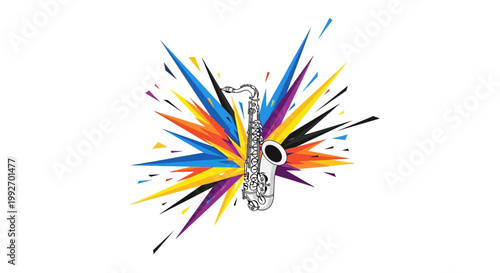 An illustrated saxophone stands out against a burst of colorful abstract shapes and lines, creating a vibrant and energetic visual with a modern and artistic style on a clean white