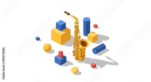 Isometric illustration of a golden saxophone surrounded by colorful geometric shapes arranged on a clean white background, creating a vibrant and playful composition with a modern