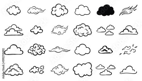 Large collection of hand drawn cloud icons and weather symbols.